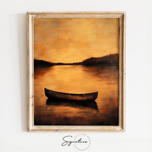 Sunset Boat Printable Art, Vibrant Lake Scene, Warm Water Canoe Reflection Wall Art, Tranquil Nature Scene, Large Living Room Decor | 500