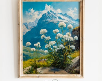 Printable Alpine Meadow Painting - Edelweiss in Bloom, Mountain Wildflower Art, Rustic Nature Wall Decor, Scenic Mountain Landscape | 930