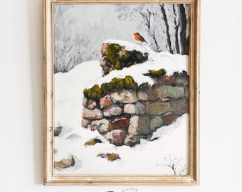 Ancient Stone Wall in Snowy Winter Scene, Rustic Vintage Cottagecore Wall Art, Printable Cozy Winter Decor, Digital Landscape Painting 4099