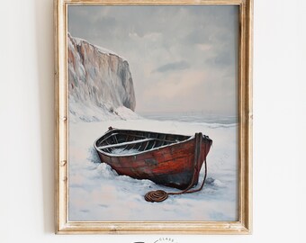 Rustic Nautical Winter Scene - Moody Vintage Fishing Boat on Snowy Shore, Serene Coastal Wall Art, Printable Digital Download 4100
