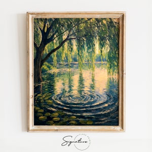 Arte de estanque pacífico imprimible: sauce sobre el agua, decoración de la pared de la naturaleza, pintura de paisaje sereno, arte de vista panorámica tranquila / 804