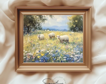 Lämmer auf Wildblumenwiese Wandkunst - Druckbare Frühling Tier Gemälde, Cottagecore Bauernhaus Dekor, rustikale Landschaft Kunst Download 3654