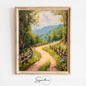 Sunlit Winding Road Through Rolling Hills - Countryside Painting, Rustic Farmhouse Wall Art, Romantic Nature Print, Digital Artwork 3691