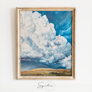 May include: A framed painting of a large, fluffy white cloud against a blue sky. The cloud is casting a shadow on a field of golden grass in the foreground.