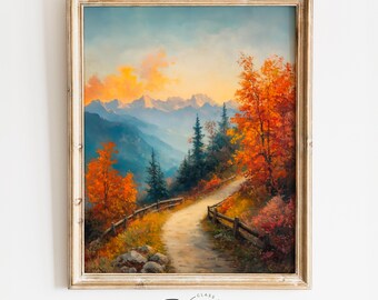 Rustic Mountain Road in Autumn - Printable Art, Fall Landscape Painting, Vintage Wall Decor, Cozy Cottagecore Scene, Digital Art 4073