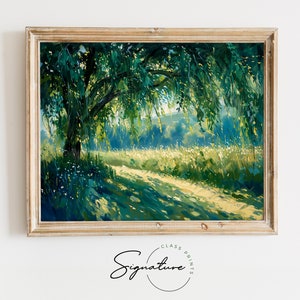 May include: A framed landscape painting depicts a sunlit meadow with a path leading towards a bright, open area. A large tree with cascading green leaves shades the foreground. The artwork is signed "Signature" with "Class Prints" below.