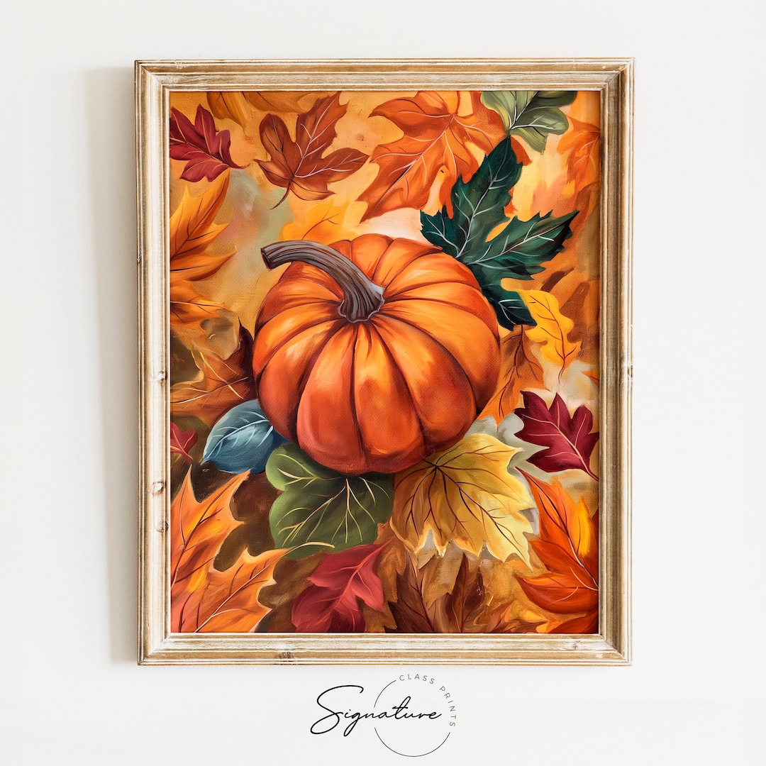 Printable Pumpkin With Fall Leaves Painting Cozy Autumn Decor, Rustic ...