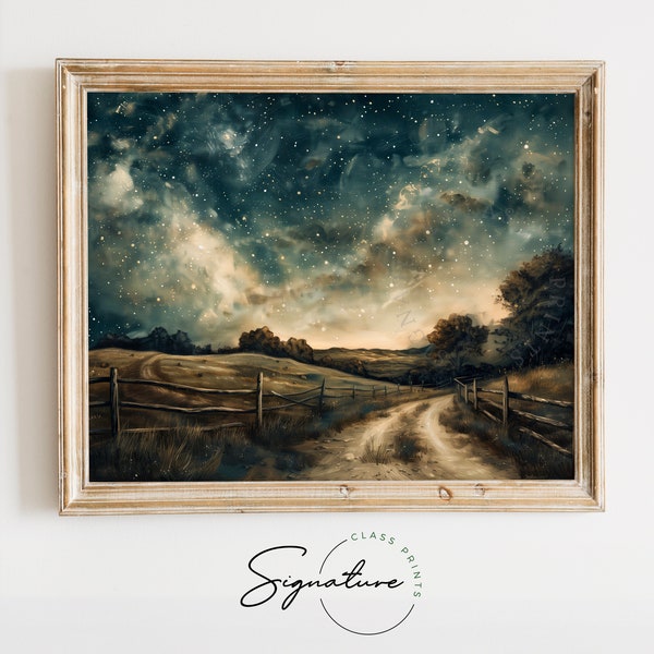 Starry Night Field Walk Printable Wall Art - Rustic Country Path Under Starlit Sky Scene - Large Peaceful Nature Twilight Landscape | 11