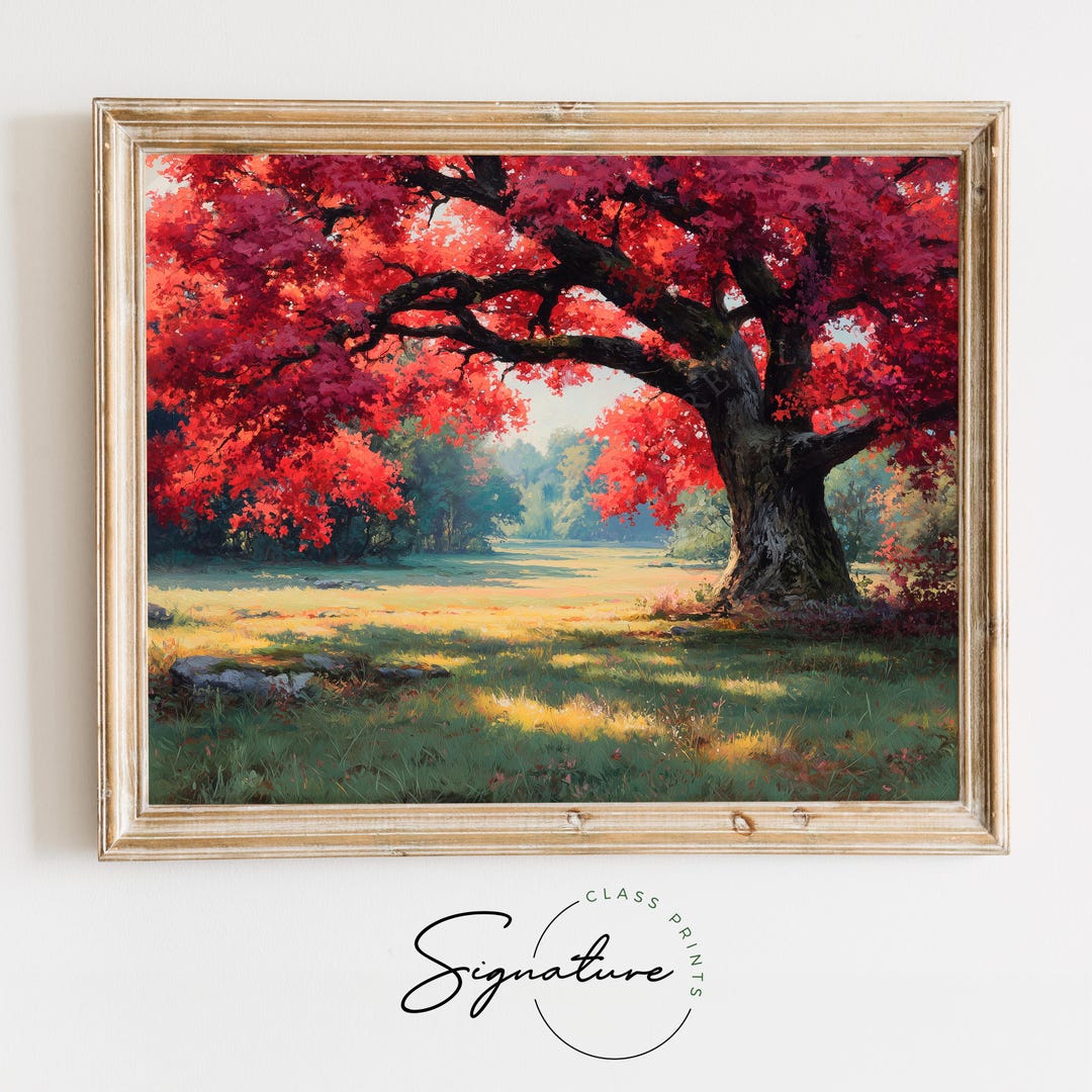 Majestic Red Oak Tree Landscape Art - Vibrant Autumn Foliage, Rustic ...