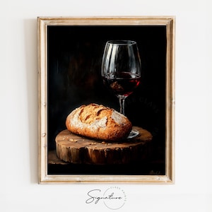 Può includere: Un dipinto di un bicchiere di vino rosso e una pagnotta di pane su un tagliere di legno. Lo sfondo è scuro e l'illuminazione è drammatica.