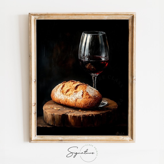 Red Wine and Loaf of Bread on Wooden Board - Rustic Still Life Art