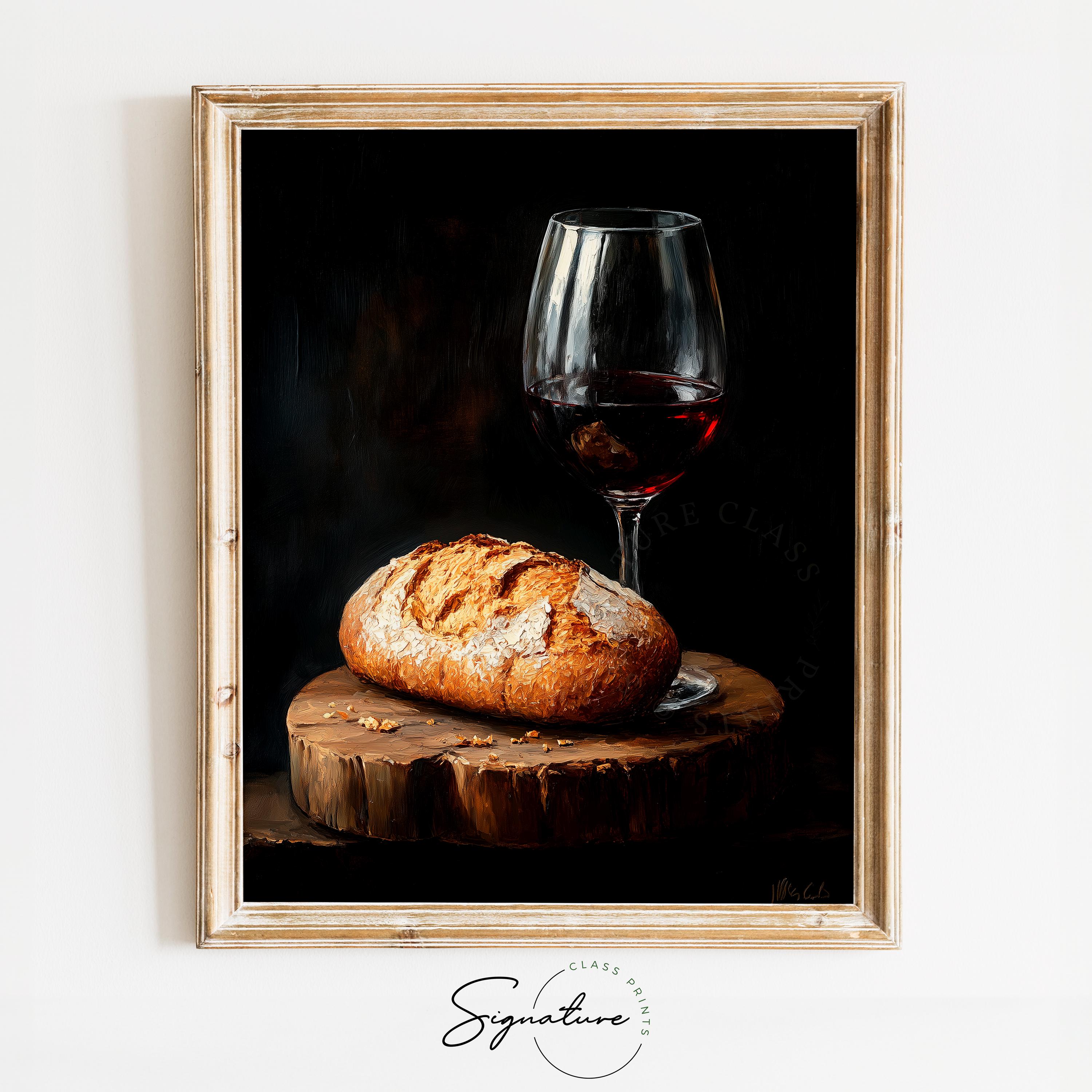Red Wine and Loaf of Bread on Wooden Board - Rustic Still Life Art