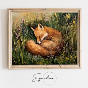 May include: A painting of a red fox curled up asleep in a field of green grass and wildflowers. The fox's fur is a rich orange color, and its tail is curled around its body. The flowers are a variety of colors, including pink, purple, and yellow.