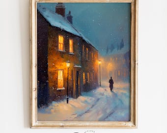 Twilight Snowy Village Street Painting - Cozy Winter Scene, Moody Impressionistic Art, Vintage Snow-Covered Cottages, Instant Download 4113