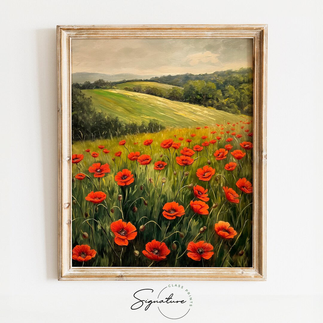 Printable Poppy Field Painting Vivid Red Flower Artwork in Scenic ...
