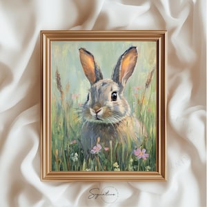 Bunny in a Grassy Spring Field - Printable Easter Rabbit Wall Art, Cottagecore Animal Painting, Farmhouse Decor, Rustic Spring Art 3618