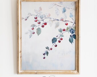 Winter Berry Branch Printable Art - Cottagecore Frosty Botanical Painting, Neutral Wall Decor, Serene Minimalist Digital Download 4105