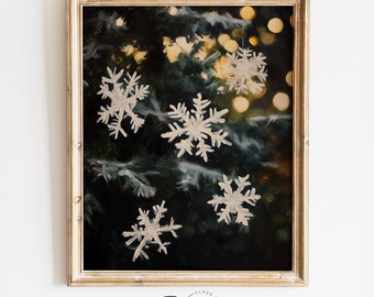 Dark Winter Snowflake Scene, Printable Holiday Wall Art - Moody Seasonal Decor, Cozy Festive Painting, Winter Glow, Digital Download 4125