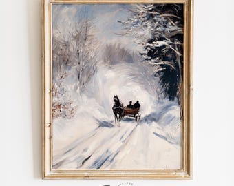 Winter Sleigh Ride Printable - Vintage Snowy Horse-Drawn Sleigh Art, Cozy Winter Country Scene, Rustic Moody Wall Art, Instant Download 4119