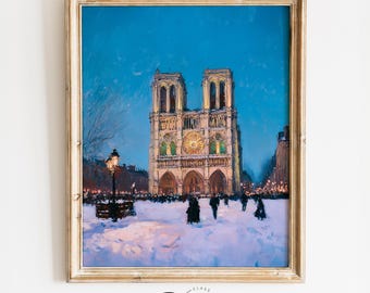 Grand Cathedral in Snowy Square - Moody Winter Evening Scene, Vintage European Painting, Illuminated Church Decor, Printable Art 4104