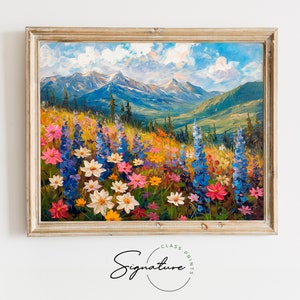 Mountain Meadow in Full Bloom Art Print - Bright Wildflower Landscape, Nature Wall Decor, Rustic Summer Meadow Scene for Living Room | 871