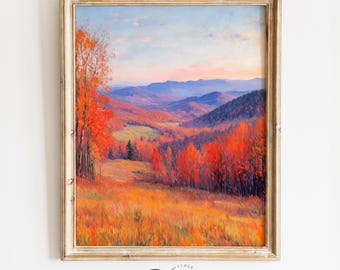 Autumn Mountain Valley Landscape - Printable Fall Wall Art, Rustic Scenic View, Vibrant Autumn Colors, Cottagecore Decor, Digital Print 4091