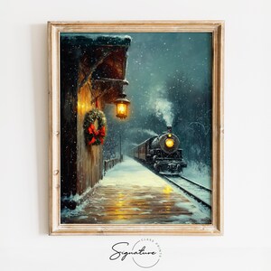 Lantern on Snowy Train Platform - Vintage Christmas Art, Cozy Winter Decor, Rustic Cottagecore Train Scene Print, Digital Painting 2148