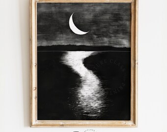 Printable Crescent Moon Over Quiet Lake Sketch - Serene Night Landscape Art, Monochrome Moonlit Water Scene Drawing, Wall Decor | 745