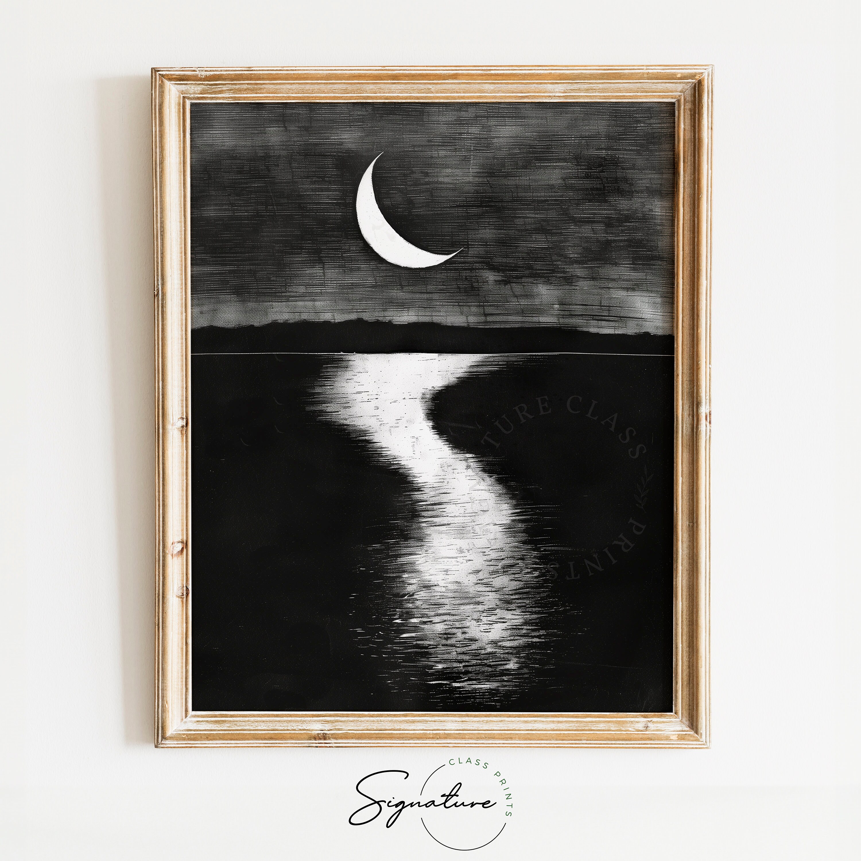 Printable Crescent Moon Over Quiet Lake Sketch - Serene Night
