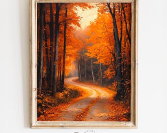 Rustic Autumn Country Lane in Orange - Printable Fall Landscape Art, Earthy Cottagecore Decor, Winding Road Scene, Digital Painting 4096