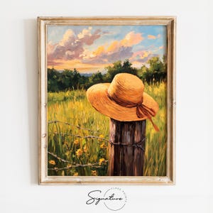 Rustic Summer Sunhat Over Fence Post - Country Style Artwork, Bright New Grass Scene, Farmhouse Decor, Printable Wall Art 3910