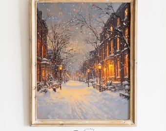 May include: A painting of a snow-covered street lined with brown brick buildings. The street is lit by streetlights and the windows of the buildings are glowing with warm light. Snow is falling softly in the air.