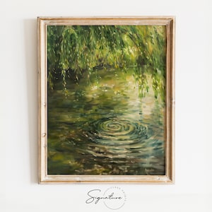 Arte de estanque tranquilo imprimible: sauce que cubre el agua, decoración de la pared de la naturaleza, pintura de paisaje sereno, impresión de arte de escena tranquila / 803
