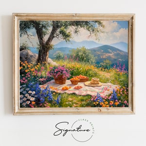 Printable Wildflower Picnic Scene - Summer Flowers Artwork, Serene Garden Landscape, Rustic Picnic Wall Decor, Nature Wall Decor | 650