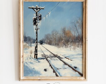 Moody Snowy Railway Crossing Landscape Printable - Vintage Winter Scene, Rustic Railroad, Cold Leafless Trees, Digital Download 4114