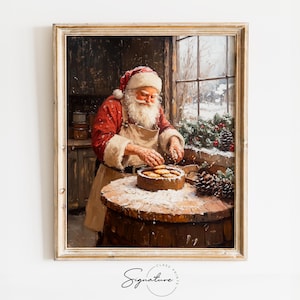 Papá Noel horneando galletas en una cocina rústica: arte de pared navideño vintage, imprimible navideño de estilo cottagecore, decoración festiva de invierno 2926