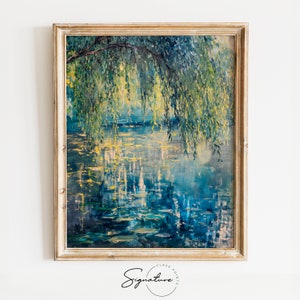Printable Serene Pond Art – Weidenbaum über ruhigem Wasser, Natur Wanddekor, friedliche Landschaftsmalerei, ruhige Szene Zeichnung | 802