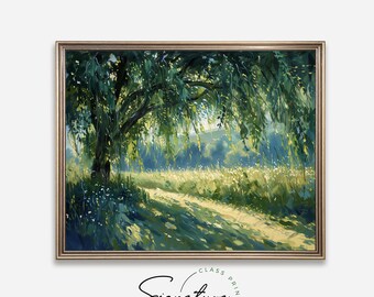 印刷可能な柳の木の絵画 - さわやかなフランスの牧草地の風景、静かな