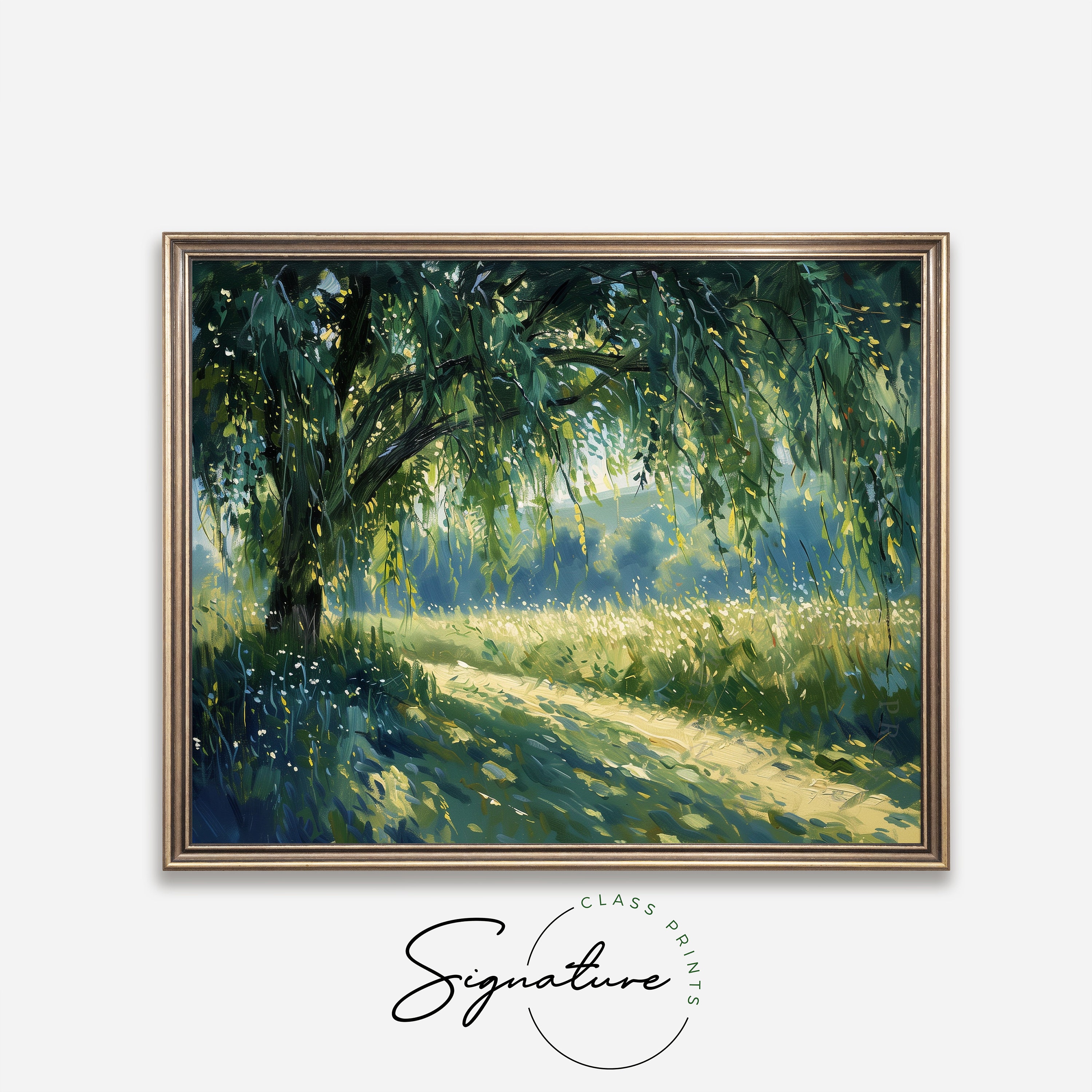 印刷可能な柳の木の絵画 - さわやかなフランスの牧草地の風景、静かな