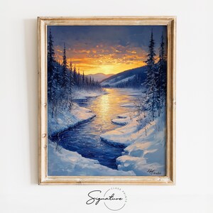 Winter Lake in Snowy Pine Valley - Rustic Christmas Wall Art, Frozen Landscape Painting, Cozy Nature Printable Decor 2403