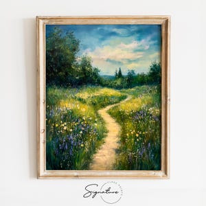 May include: A framed landscape painting depicts a winding path through a field of wildflowers. The artwork features a vibrant color palette of greens, yellows, blues, and purples, with a bright sky and a signature at the bottom.