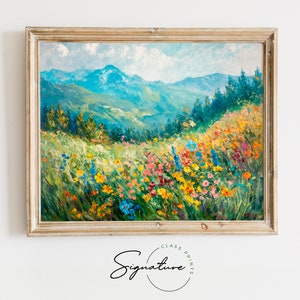 Mountain Meadow in Full Bloom Art Print - Lush Wildflower Landscape, Bright Nature Wall Art, Rustic Summer Meadow Decor for Living Room 866