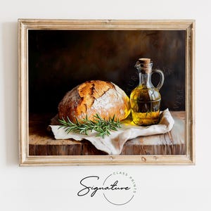 May include: A still life painting of a loaf of bread, a sprig of rosemary, and a glass bottle of olive oil on a wooden table. The background is a dark brown.