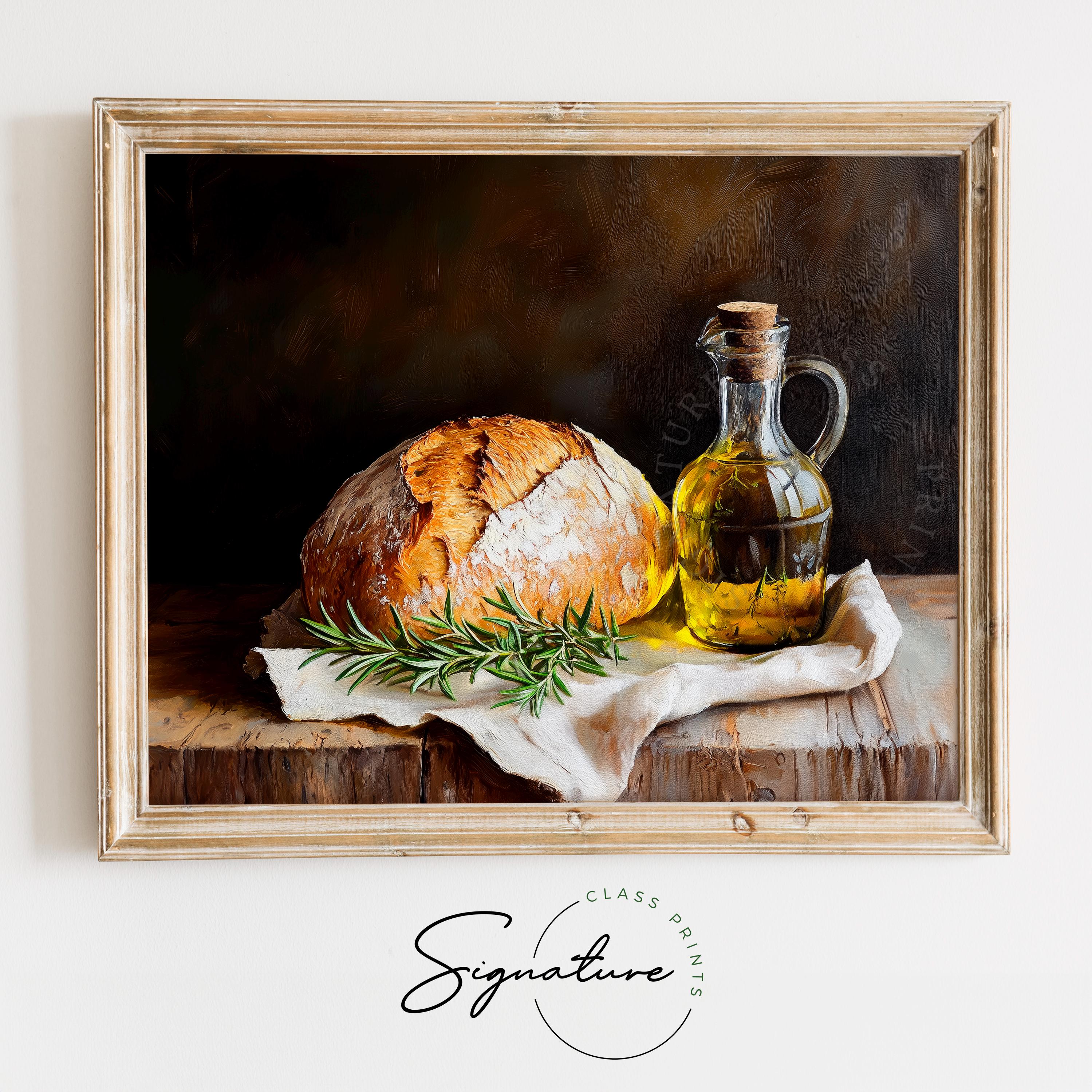 Rustic Bread and Olive Oil Still Life - Earthy Kitchen Wall Art