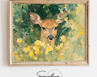Young Deer Among Spring Flowers - Cottagecore Printable, Vintage Wildlife Painting, Rustic Nursery Wall Art, Pastel Nature Decor 3719