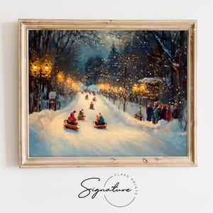 May include: A winter scene painting of children sledding down a snowy hill at night. The hill is lit by streetlights and twinkling lights. The trees are covered in snow and the sky is dark with a few stars visible.