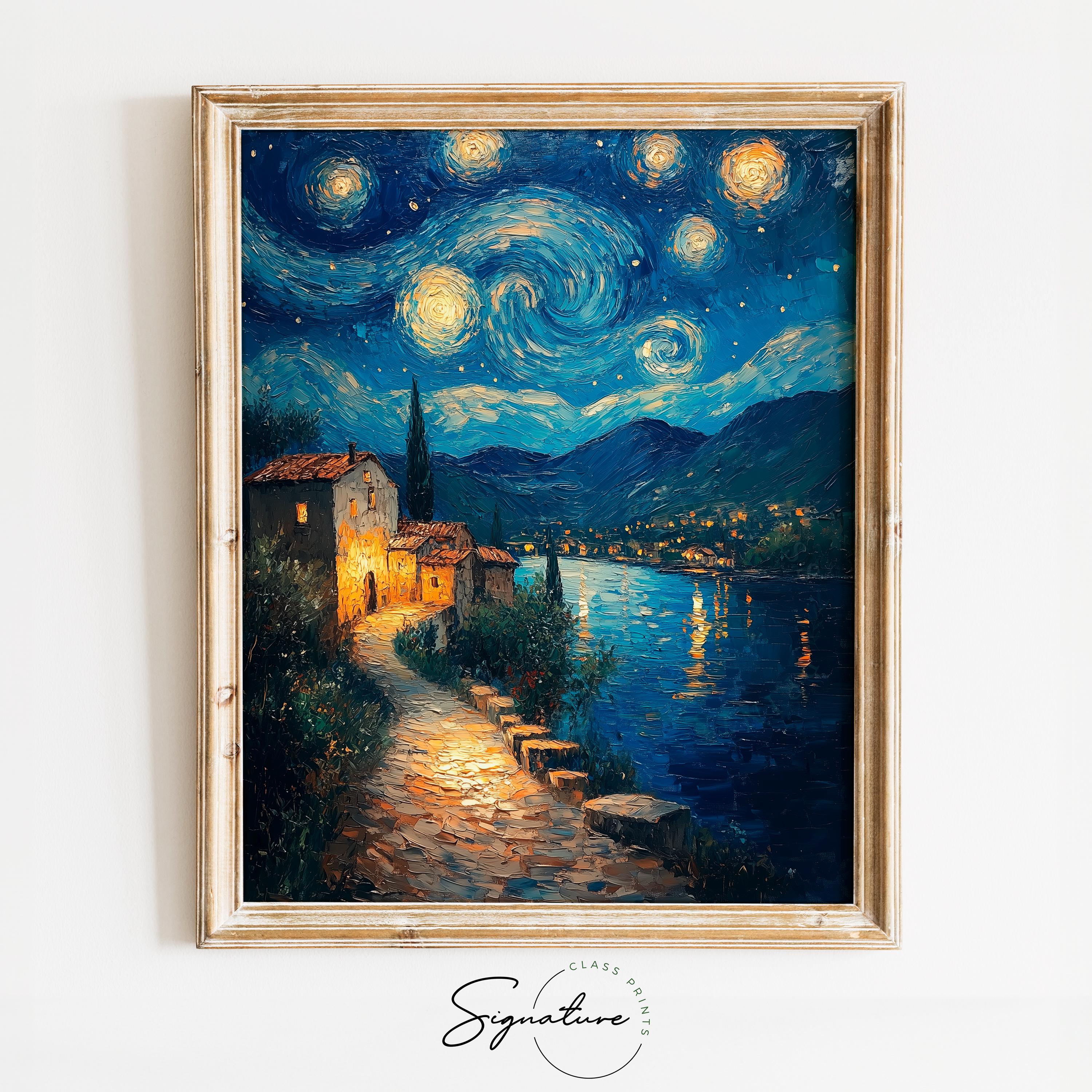 オリジナルイラスト　油絵　背景画　風景画　夜空 静かなヨーロッパの村の星空 - 夜の風景画、ムーディーなロマンチック