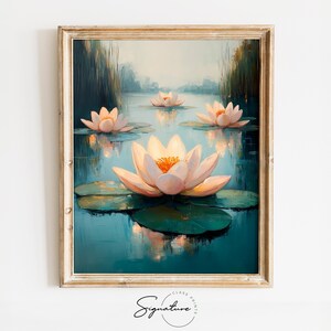 Ruhige Seerosen auf einem reflektierenden Teich - Blumengemälde, ruhige Natur, Cottagecore botanischer Druck, Digitales Kunstwerk 3676