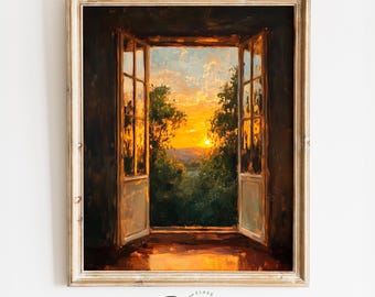 May include: A painting of a sunset viewed through an open window. The window is framed in wood and has multiple panes of glass. The sunset is a vibrant orange and yellow, with clouds in the sky. The scene is framed by trees on either side of the window.