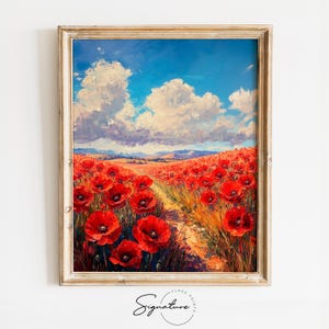 Red Poppy Fields Printable Wall Art - Vintage Landscape Painting, Rustic Spring Decor, Earthy Countryside Print, Digital Download 3975